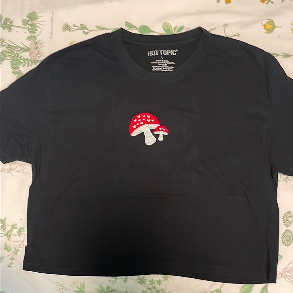 Black Crop Top with Mushroom Embroidery
